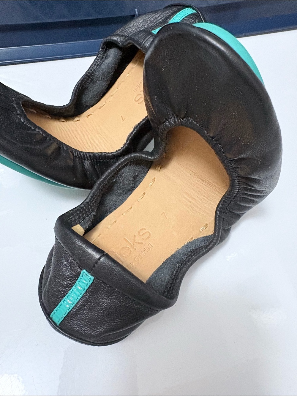Black and Teal Tieks Leather Ballet Flats - Foldable Comfort